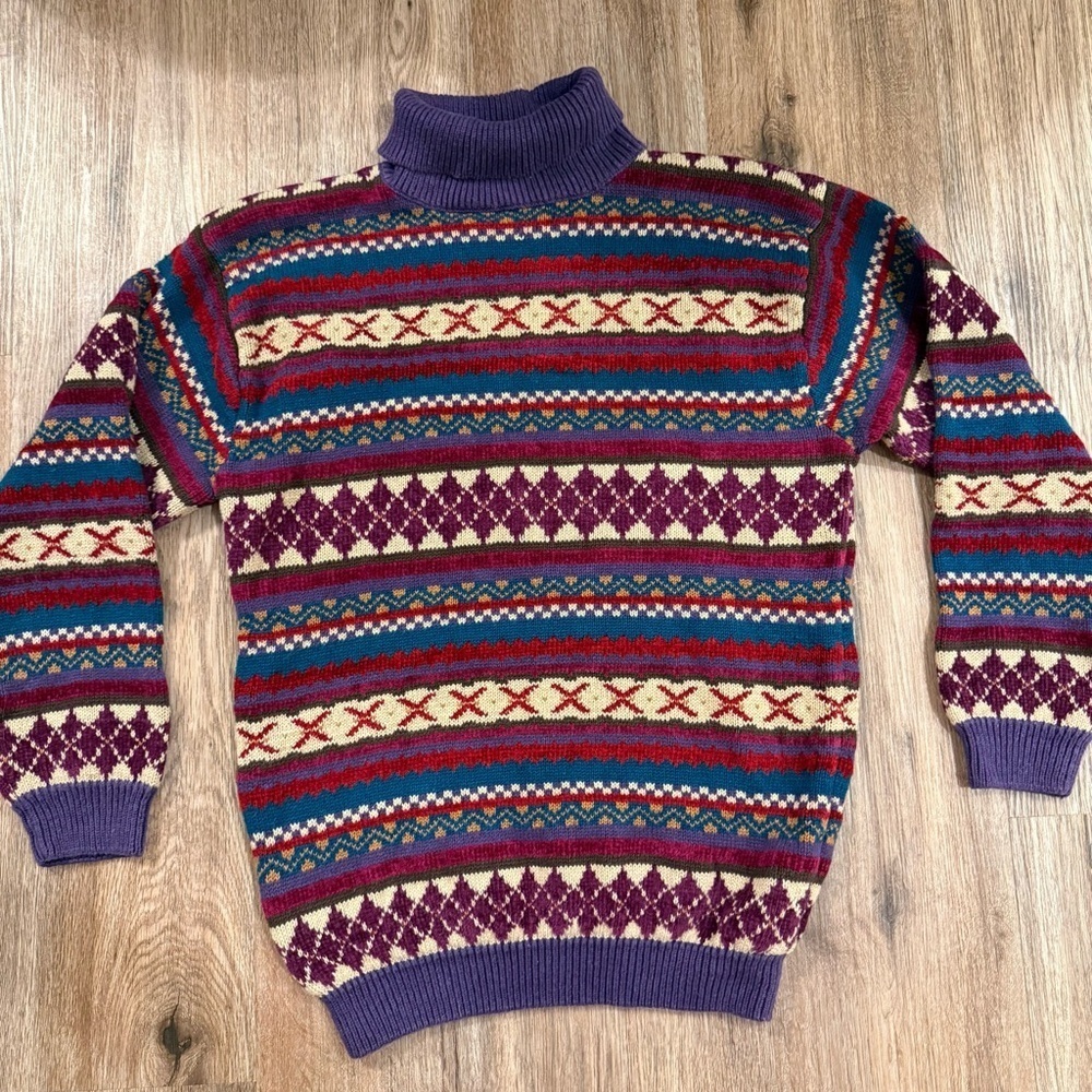 Vtg Jantzen Sweater Women’s Med Purple Blue Fall Fair Isle Colorful Artsy Retro - Picture 2 of 8